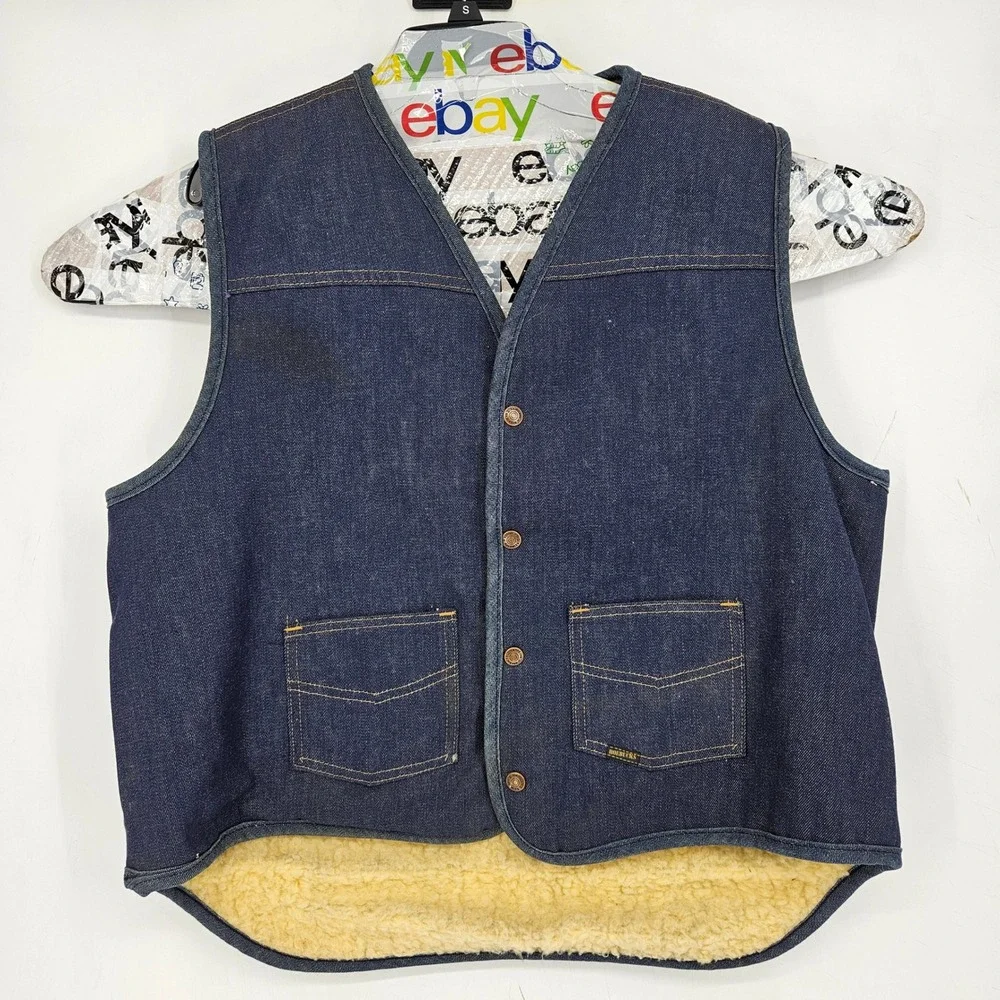 Vintage Roebucks Denim BOA‎ Vest Mens Extra Large 1970s Sears Sherpa Lined